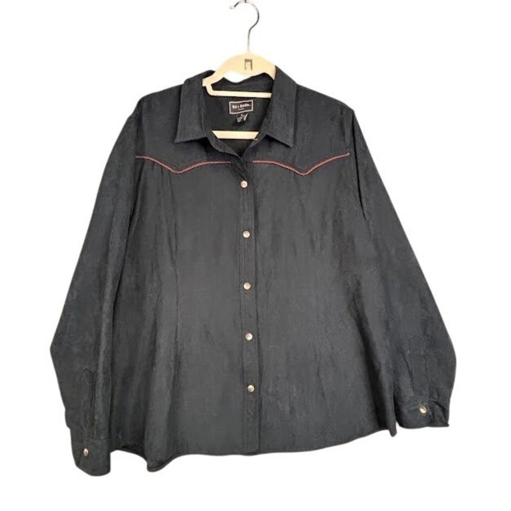 Bit & Bridle Womens Black Faux Suede Western Snap Button‎ Shirt Plus 1X 910495